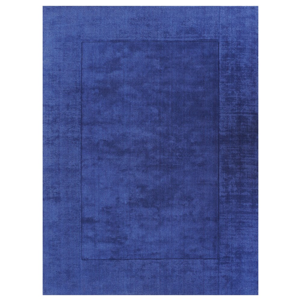 Handloom Plain Carved Border Wool Rugs in Navy Blue